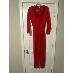 FADS Size Medium Jumpsuit Red W/ Black Soutache Embroidery Vintage 80s